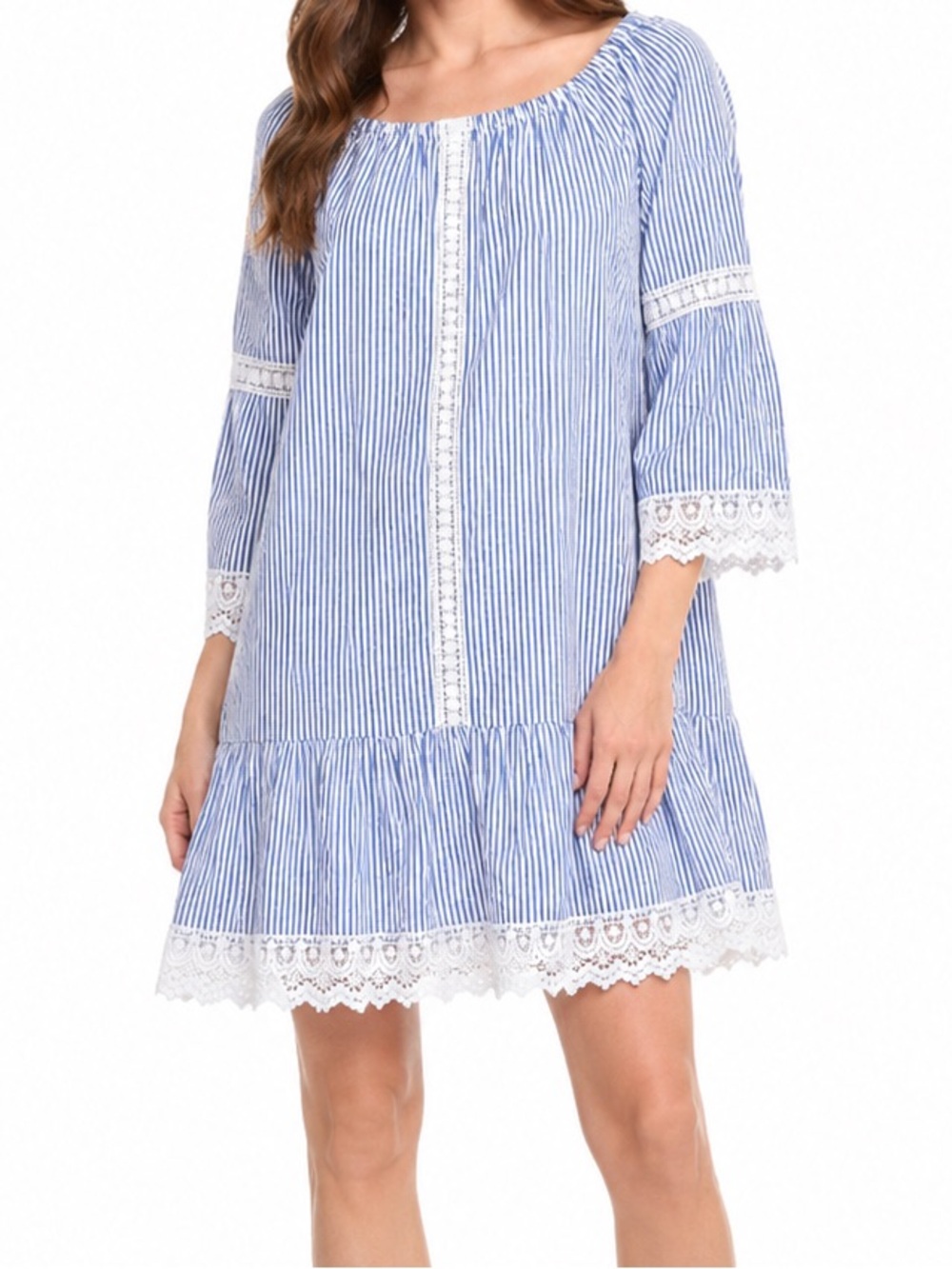 Karen Kane Nautical Blue & White Cotton Striped Lace-Trim Drop Waist Flowy Dress